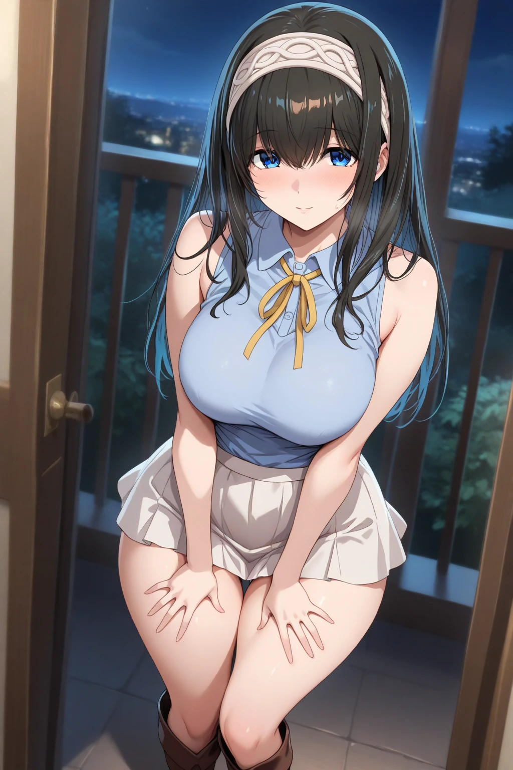 ((masterpiece)), ((best quality)), (ultra-detailed), ((extremely detailed)), 4K, (8K), best quality,1girl, (((perfect anatomy))), (((((five fingers))))), (((beautiful detailed eyes))), (beautiful detailed black hair), (((world-class quality))), photorealistic, extremely detailed, high resolution, (((detailed shaded pretty face))), (((((house wife))))), solo, (((sagging breasts))), ((glowing detailed skin and hair)), ((white-skinned)), ((((gleaming skin)))), kasumi iwato, huge ass, huge breast, naughty face, full-face blush, ((half updo)) ((((well-fleshed)))), (potbelly), thick thighs, , shimakaze \\(kancolle\\), elbow gloves, striped thighhighs, highleg panties, (blue pleated skirt),, black rabbit ears, navel, bare shoulder, stylish pose, on the bed