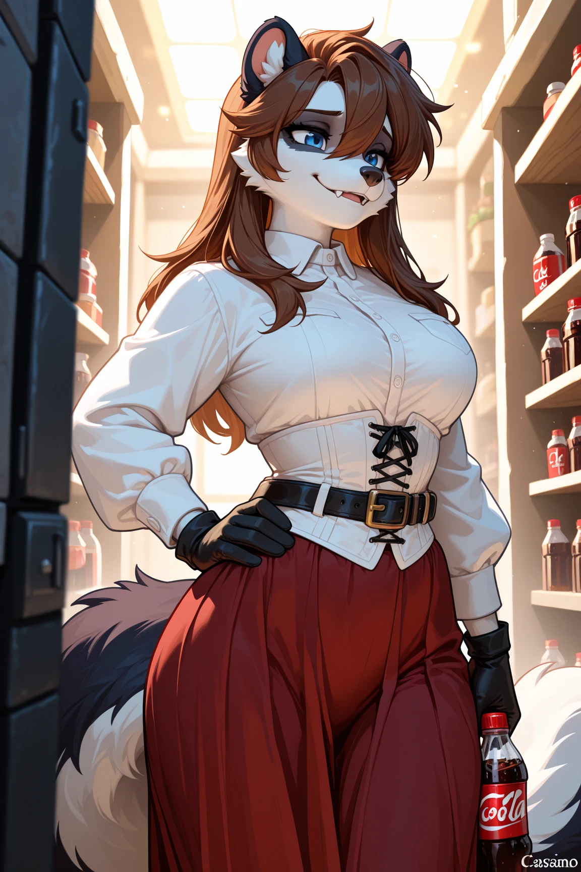 score_9, score_8_up, score_7_up, score_6_up, score_5_up, score_4_up, (solo), female anthro Snow leopard, nurse tight dress, lusty, fluffy body, long dark red hair, turquoise eyes, (thick thighs:1.3) (she is standing) garter belt tights, giant breasts