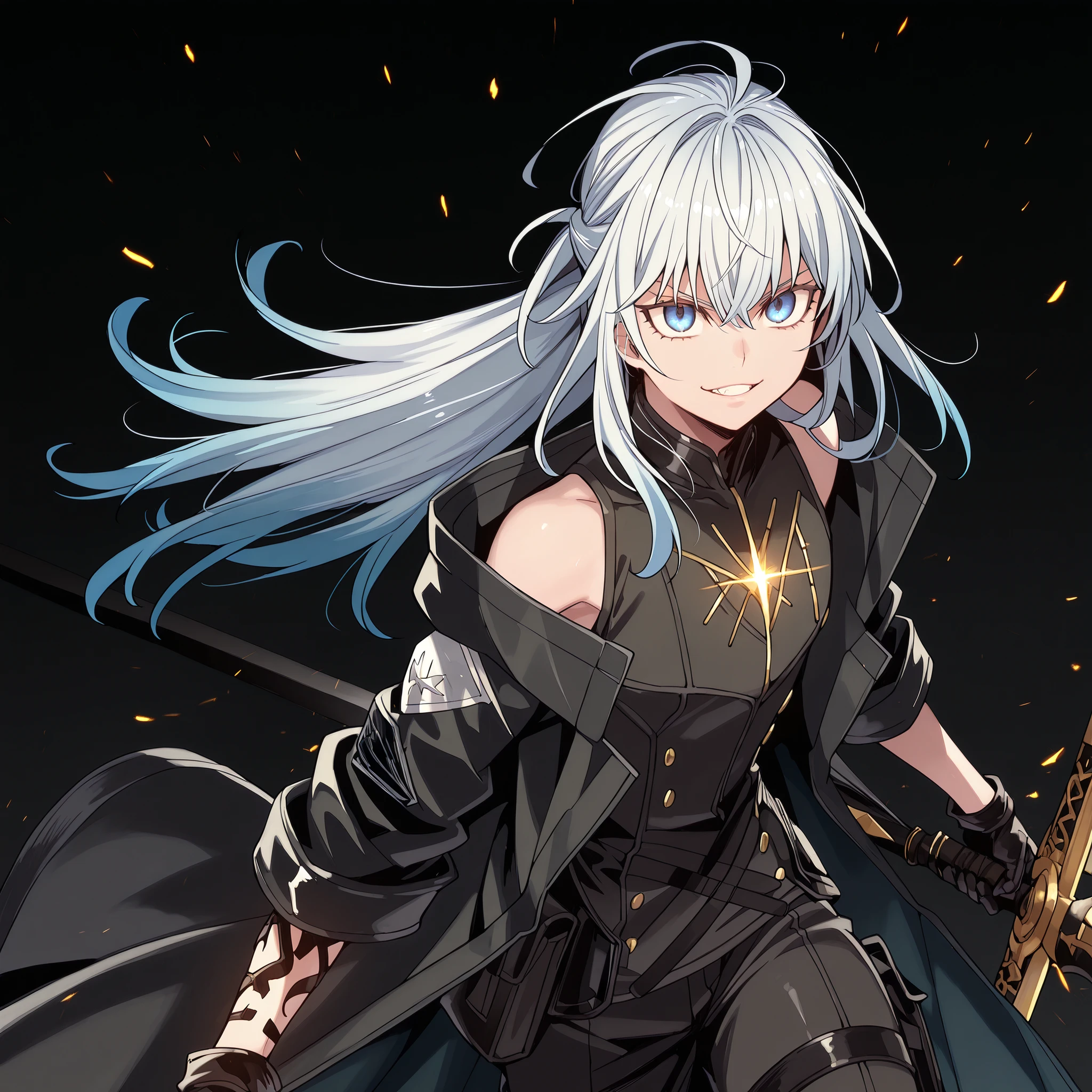 alone, 1 boy, and short, small character, short character, Character 1.50 meters tall, and short, young character, character with male body of Vanitas from "Vanitas no Carte", male character;

sparkling white hair, the character's hairstyle must match that of Uchiha Sasuke, long bangs;

The character's face must be the same as Hill from "Lilith's Cord", striking blue eyes, provocative face, provocative smile, perfect and beautiful face;

perfect anatomy, black military tactical clothing, tight to the body with gold details, Lucifer/Lucio style from Granblue Fantasy (military tactical black), exposed arms, short body, exposed arms and shoulders, Dusk's black coat from "Arknights", coat falling down the arms;

holding a large and giant greatsword completely black, greatsword longer than the character's height, black blade;

black background, attack position (holding a large and giant greatsword completely black, greatsword longer than the character's height, black blade), black military tactical clothing, tight to the body with gold details, Lucifer/Lucio style from Granblue Fantasy (military tactical black), exposed arms, short body, exposed arms and shoulders, Dusk's black coat from "Arknights", coat falling down the arms;

Flashy pose, looking at the observer, provocative smile, confident, character is a young age boy, 
character is a  male character, similar height to Rimuru Tempest;