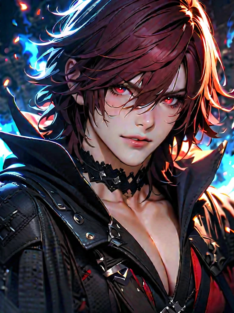 absurdres, highres, ultra detailed, HDR, master piece, best quality, extremely detailed face and eyes, perfect face, realistic face, beautiful eyes, Noctis Lucis Caelum, Red hair, expressive blue eyes, Final Fantasy xv, black jacket, black shirt, patterns, solo, man, handsome, smoking a cigarette, smoke, chain. {RED HAIR} {WAIST SHOT}