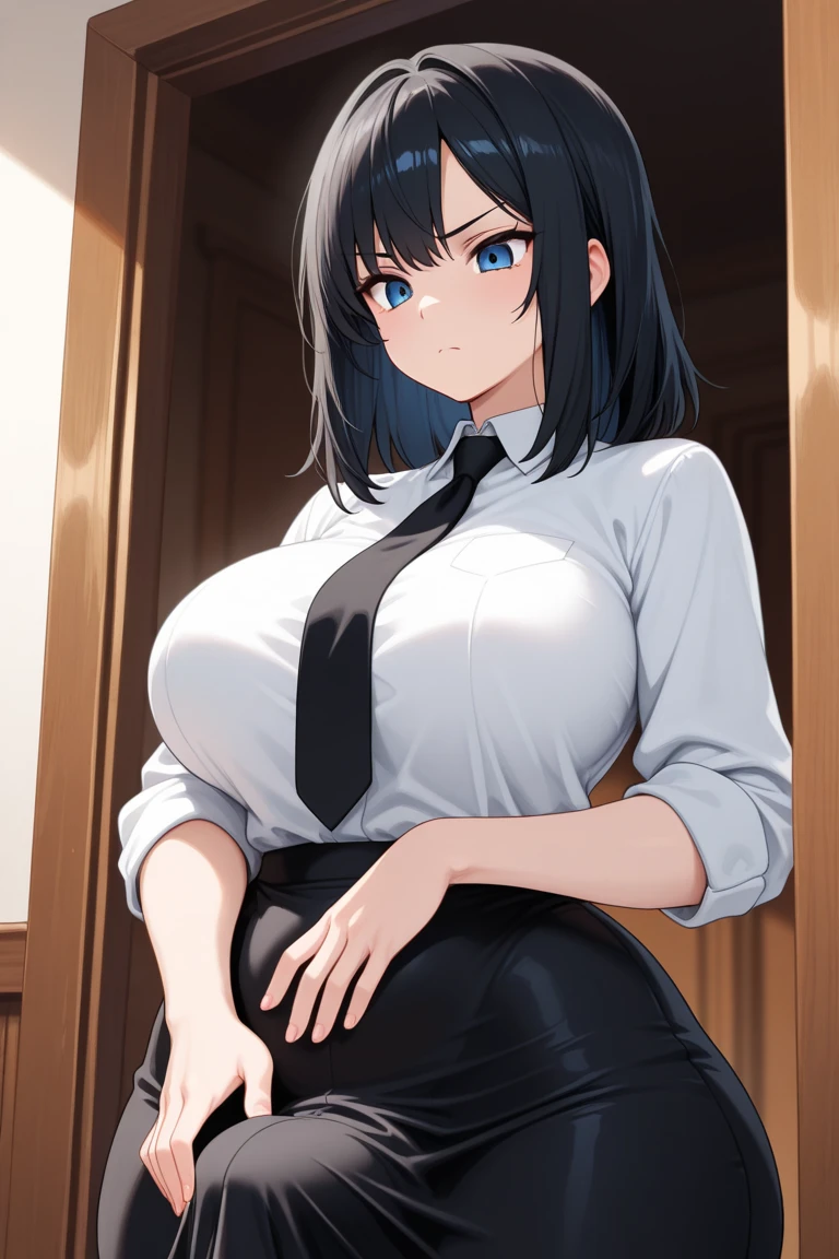 very big breasts、big thighs、Thighhighs、dark blue hair、short bob hair、half open eyes、embarrassed look、Tight Skirt、company employee、sitting、I can see your panties、open your legs wide