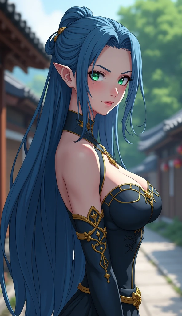 Cover magazine. anime, adult woman, mature, woman in her 20s, tall 1.80, solo, long hair, black hair, hair with curled ends, Korean bangs, sapphire blue eyes, two horns, dragon horn, black horn, complex horn , dragon woman, model, beautiful, fantasy, casual clothes. Hair accessories. Unusual hairstyles. Toys. Greetings. Sharp ears. Large chest, above average breasts, perky busts, torso. Soft smile. Beautiful anime art.