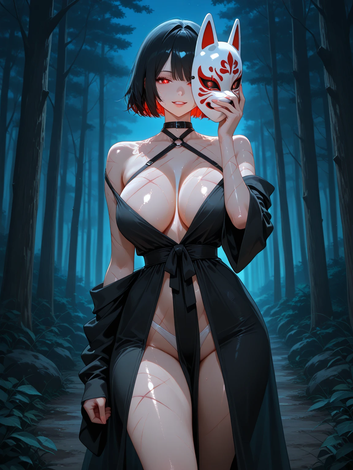 NSFW, LWRD, erotic Horror, Character focus, bust shot, In this dark fantasy tale, a succulent 35-year-old witch, exuding seductive sex appeal and cruel mockery, stands amidst the eerie Forest of No Return. The trees' twisted branches and hollows loom like monsters, casting long, ominous shadows. Her home, an enchanting confectionery cottage, beckons with colorful sweets. As a beautiful MILF, she disguises her wicked nature, waiting for the next foolhardy soul to fall prey to her sweet trap., 1mature woman, solo, 35yo, a bewitching MILF, evil
Femme fatale, dark lips, masterpiece, incredibly absurd resolution, absolutely resolution, ultra high resolution, all intricate, perfect anatomy, ideal facial features, Beautifully detailed face, Beautifully detailed eyes, ideally proportioned figure, perfectly beautiful body