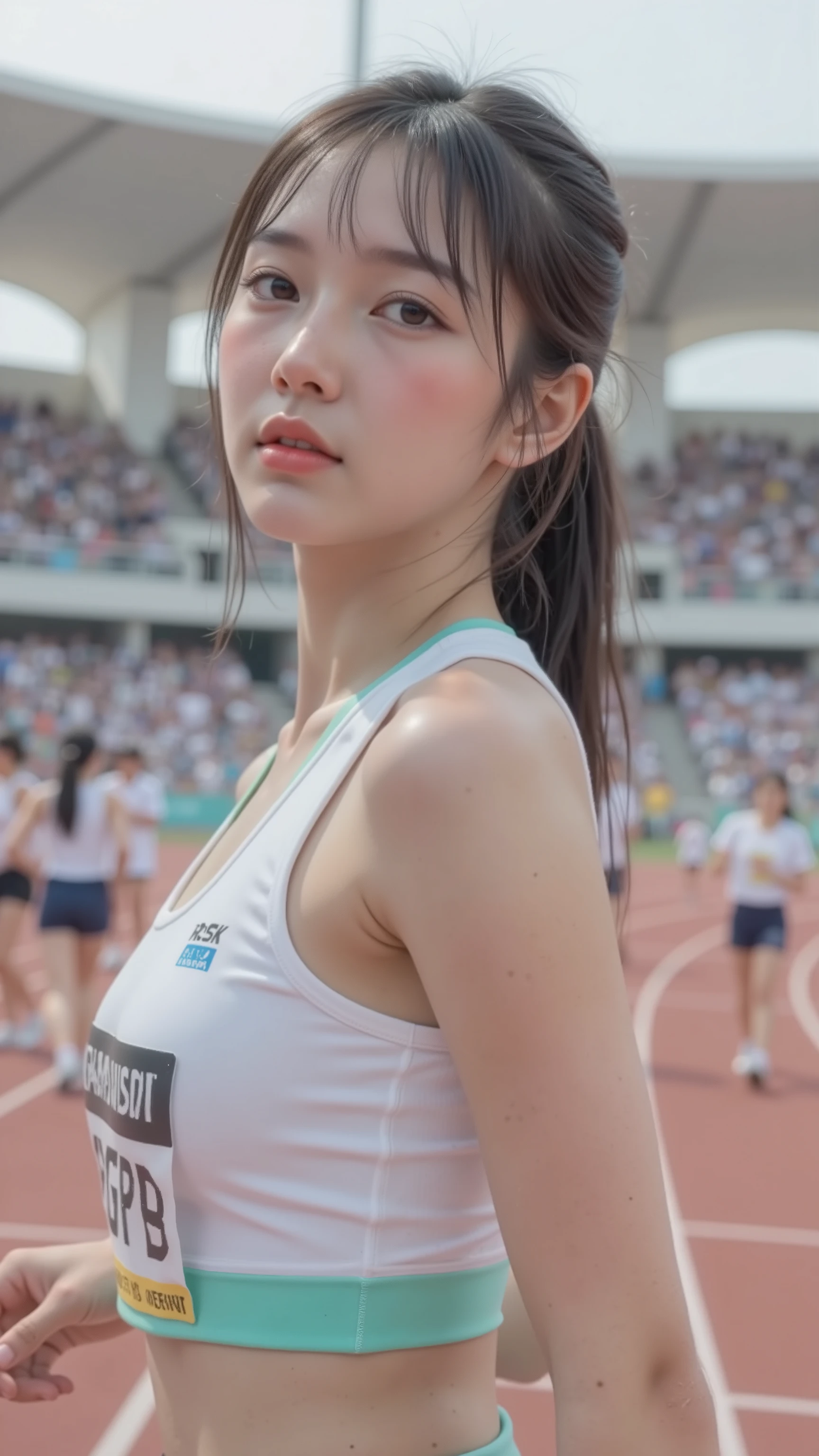 pieces fly、masterpiece、highest quality、Super detailed、High resolution、High resolution、8K portrait、unity 8k wallpaper、Detailed CG、unity 8k wallpaper、Detailed CGユニティ8kの壁紙、realistic、real person、portrait photography、shiny skin、(16 years old:1.2)、(cute:1.2)、High resolution、beautiful clear eyes、very detailed explanation、delicate face、cute face、nice lips、thin waist、thin legs、1 girl、(athletics stadium:1.5)、(flat chest:1.5)、(colorful sleeveless track and field uniform:1.5)、(abs:1.2)、(My nipples stick to my clothes:1.4)、(smile)、(stop temporarily)