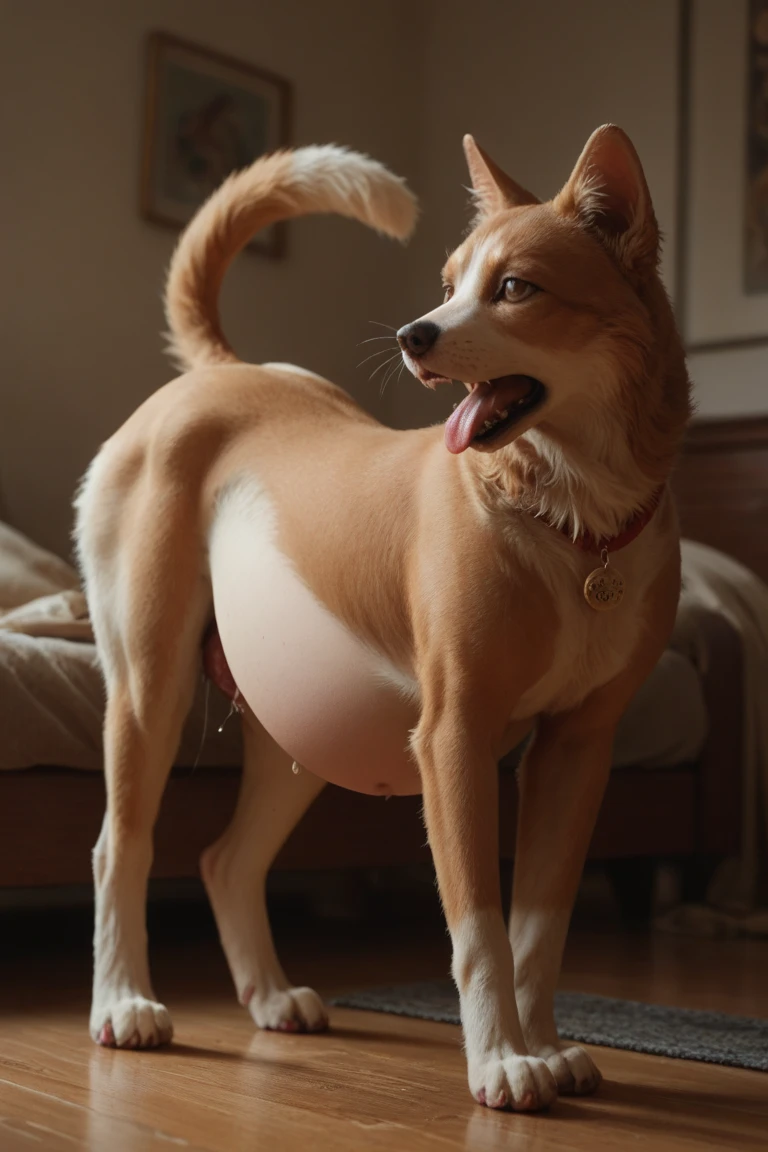 (fur:1.5), (fuzzy:1.5), (by marjani), solo, (feral:1.6), CANINE, sidewalk, dog park, domestic dog, golden retriever, very fluffy neck, thick tail, (whiskerig butt, buttcrack, long snout, long ears, short stubby body, big butt, anatomically correct, (detailed lips wrinkle), female, pink collar, tailwag, isometric view, full-length portrait, sunset clouds, absurd res, in heat, (hyper canine pussy), (pink ANUS:1.4),