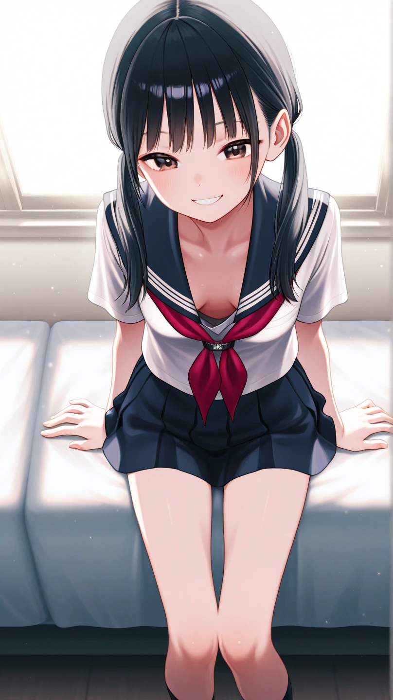 A 16-year-old female high school student with long black hair and wearing a school uniform squats down with tears in her eyes, opening her legs and showing her white panties.