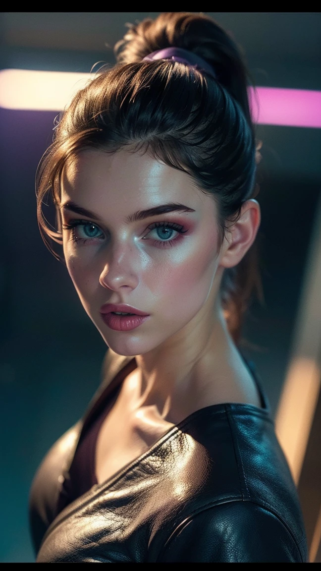 (((ultra realistic))) Photo, masterpiece, top quality, (Pale skin), (Ultra detailed face and eyes.:1.3), 1 girl, adult, on a t-shirt, ((eye makeup, mask)), (big detailed lips), ((rosa hair in a ponytail)), ((Chiolka)) , (natural breasts), Thin waist. ((Posing)), Photoshoot, studio (Soft lighting), (The game of lights and shadows), depth of field, bokeh, (Special attention to leather details.: 1.2), detailed leather texture, skin pores. (Warm frame environment.. Color range: violet, rosa, blue tones), DR, ((film grain)), ((good heavens)), (Glare), ((Photo to the waist, view from above)) , ultra detialed,