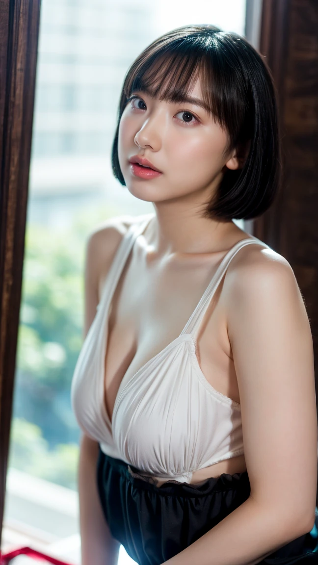 (((Bird-eye perspective))), (((panty shot:1.3,))), (((laying in bed:1.5, Bend your knees and lift your legs.))), (((dressing:1.5))), (((The garment is worn reliably......:1.5))), ((Reliable Dress:1.5)), (((The lower part of the body is bare))), (((bath towel tube top, White panties))), smiling smile, 1girll, 独奏, 18 years-old, 7 Head Body, Ideal proportions Body proportions, Erection nipples, short-hair, A dark-haired, With bangs, tiny boobs, skiny, Small hips, beauty leg, skinny legs, hyperrealism, Cinematic lighting, depth of fields, One-person viewpoint, f/1.8, 135mm, NFFSW (english) (english) (english) (english) (english) (english) (english), masutepiece, ccurate, ((Anatomically accurate.)), textured skin, super detaill, high detailed, High Quality, Award-Standing, Best Quality, Hight Resolution, 8K