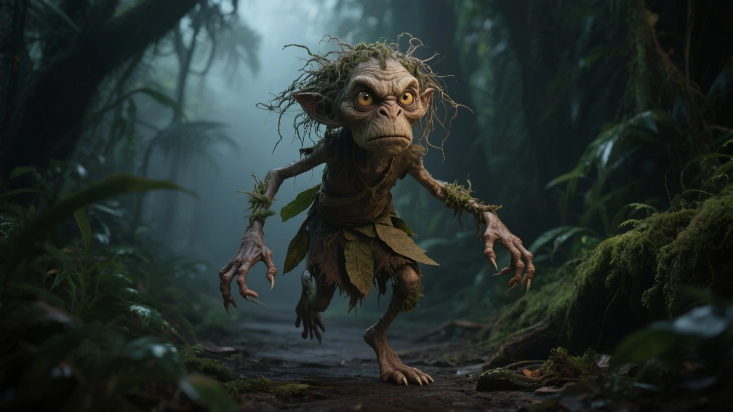 ((ultra detailed, glossy, smooth, )) goblin, лесной goblin, is going to attack, Lovecraft style, зелёный goblin, jumps out of the bushes, sharp fangs, группа goblinов, fantasy world,