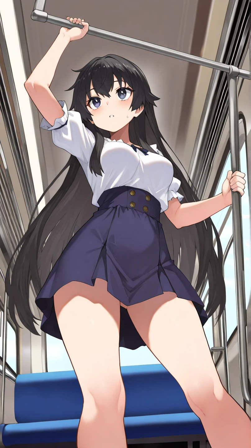 tram stop passengers around elementary school girl 8-year-old flat chest black hair long hair eyes are purple ((1 person)) White upper body long sleeve sailor uniform Lower body navy blue miniskirt white panties white socks sports boots standing at the stop spread your legs a little((I can see white panties)) from the front dynamic angle Low - Angle
