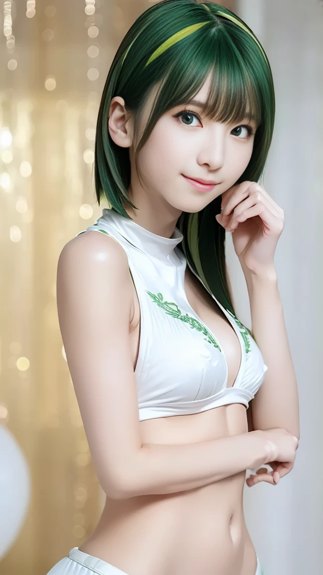 Masterpiece, Best quality, 8k, 18 years old, Raw photo, absurd, Award-winning portrait, smile, smile, pure, German, ((ombre)), huge breast, golden eyes, offshoulder, ((open waist)), green hair, mini skirt