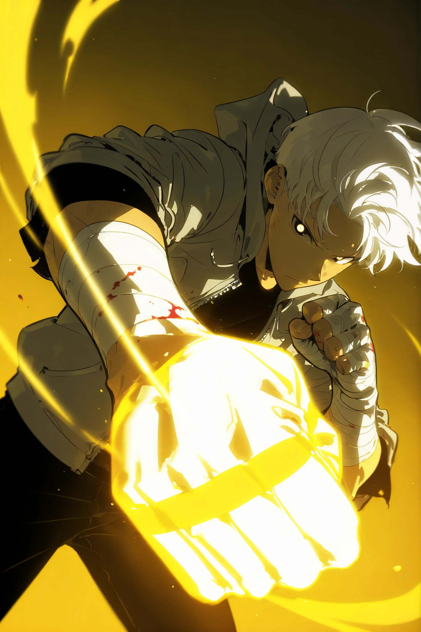 Handsome, Athletic, alone, male, Short spicky hair, long white hair, black orange eye, black shirt, white orange and black unzipped hoodie with rolled up sleeves, black pants, , intricate sketch, expressive eyes nose and mouth, simple pose, clench fist, blood on his fists , perfect Anatomy , ripped, Wraps bandages on his fist , hand perspective , dutch angle, wraps bandage on his fist