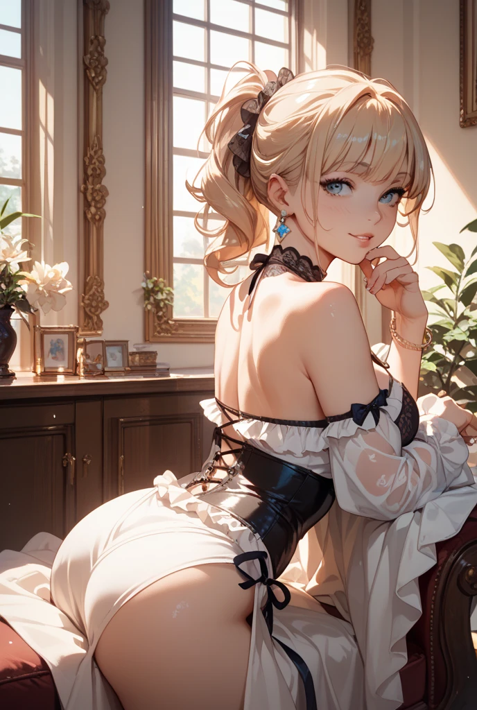 (Sit in a chair and cross your legs)(long straight blonde hair)(Silver hair blue eyes)Girl with、beautifly、thinly、Flat、tall、1人は長い髪、Ladies、((Black sheer blouse、Black miniskirt))、Underwear bite、sexypose、Lower body slender、back view、Look at the window、1つ突き出す's buttocks、Buttocks facing this way、Provocative