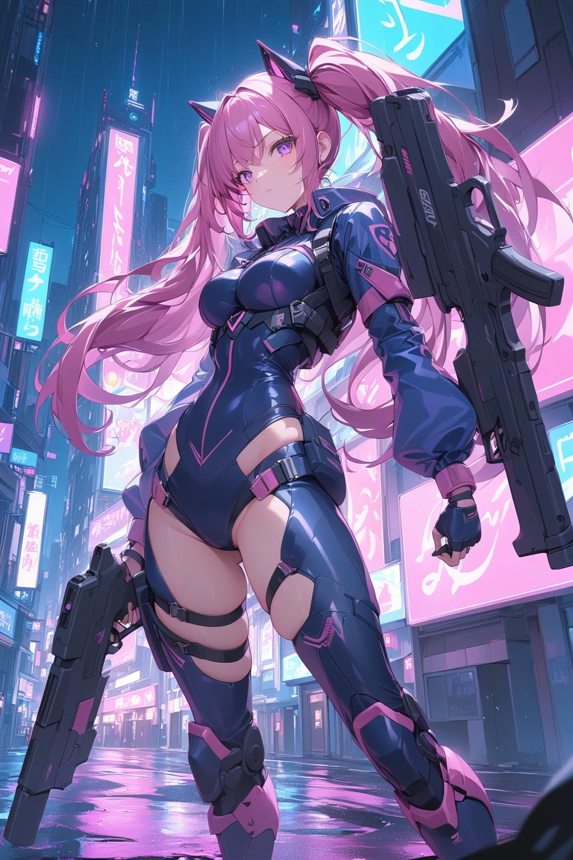 ((masterpiece))) whole body, whole body Shot (One Girl) ((Pink Hair, Long Hair, Straight hair, Both sides up))), ((Green Eyes))), eye shadow, eyeliner, Glowing Eyes, Hyper Detail Eye, Complex eyes, Beautiful Eyes, Fine grain, (((Star-shaped pupils, Shining pink eyes))) 18-year-old girl. (Wearing a transparent PVC jacket)) huge cool weapon mechanical in hand, huge cool weapon mechanical, Mecha, Mechaanism, mechanical, Open Stance, Coalesce，Sexy Outfits,lure,Show off your figure,purge,