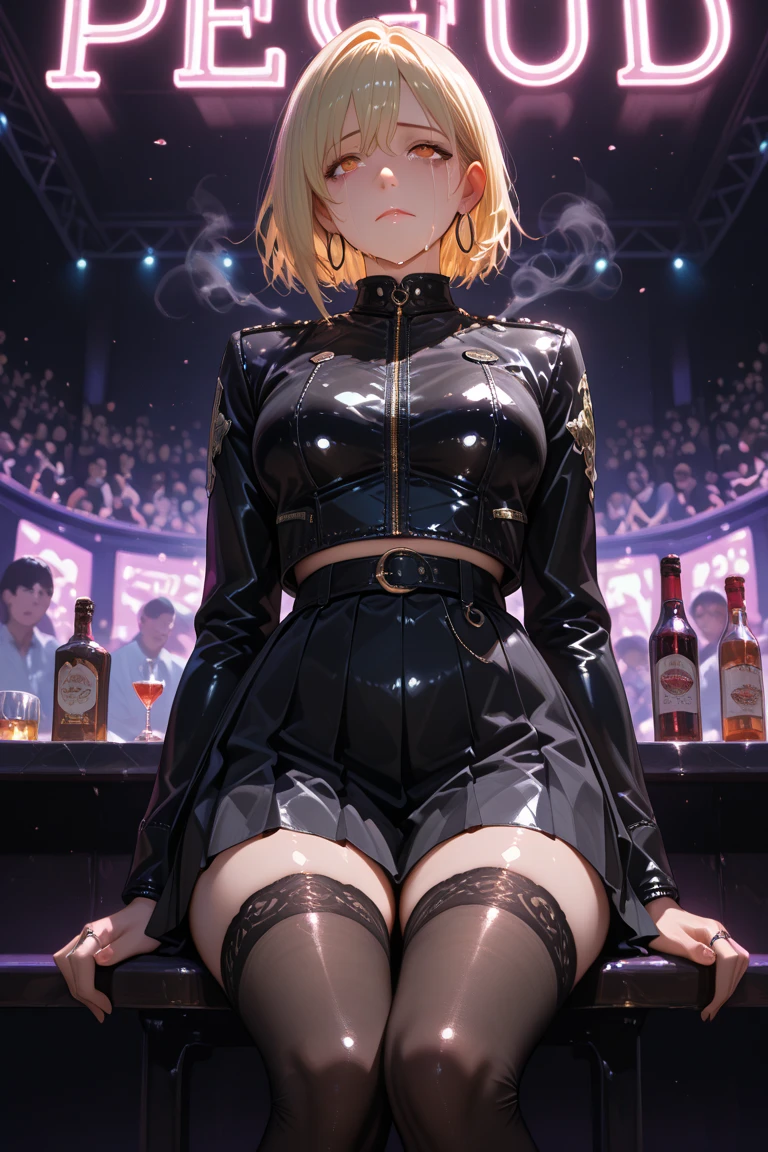 highres, beautiful women, women only, tanned gyaru, blonde hair, no men, high detail, lewd, hentai, ((nightclub clubwear)), ((leather thigh high high heel boots)), ((wet clothes)), ((soaking wet)), ((wetlook)), bare thighs, ((wetting herself)), (peeing herself), peeing stain, large puddle, thick thighs, nice long legs, lipstick, detailed face, pretty face, seductive face, aroused, sexually excited, full body shot, ((in women's only lesbian nightclub))