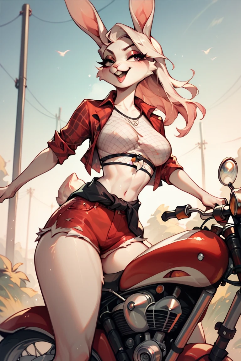 Candace, red tank top, skirtless, riding a motorcycle, white panties with red hearts, heart print panties, legs, white shoes, red socks, sunglasses, rear view, big butt, 