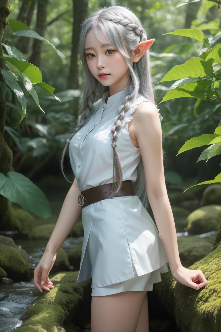 Young woman with white hair, wide hips and thin waist, sitting on a rock