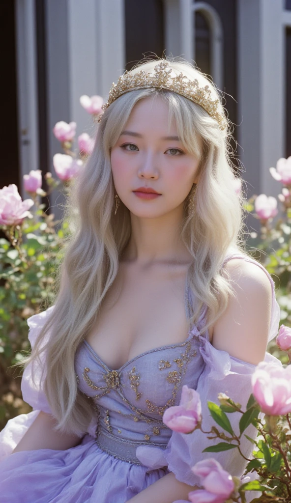 ((Highest quality, 8K, masterpiece :1.3)), Sharp focus :1.2, Beautiful woman with perfect figure :1.4, Slim Abs :1.2, ((Big Breasts, Emphasize cleavage:1.3)), (Photorealistic:1.4), (realistic:1.4), (Blonde:1.5), Highly detailed face and skin texture, Fine grain, double eyelid. Makeup face. A little bit of lipstick, necklace, Earrings, sex appeal, Sexy gravure pose, ((Beautiful woman in a purple silk gown、In an old-fashioned study、Sexy smile、With her long curly hair wrapped around her fingers、The gown is slipping off her shoulders。: 1.3)