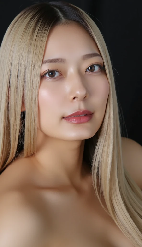 Woman in her 30s, blonde, long hair, sexy, lustrous, narrow eyes, small face, tall, slanted eyes, fair breasts