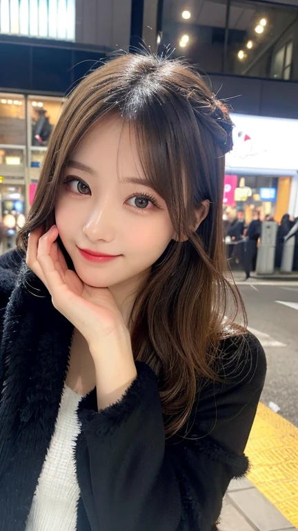 Tabletop, Highest quality, shape, Very detailed, finely, High resolution, 8k wallpaper, 完璧なダイナミックな構shape, Beautiful and detailed, Gorgeous black fluffy Tokyo winter wear,ランダムなcute髪,,Natural color lip, Bold sexy pose,smile、20-year-old girl、cute、sexy shot looking at camera,Always blur the background,Perfect and beautiful face,Take a picture of only the face,Beautiful and dense face、Slim face and figure,Big eyes、Putting on gal makeup,Small face,Wear a spring trench coat、Shooting from below、sunset、smile、Photographing the sky
