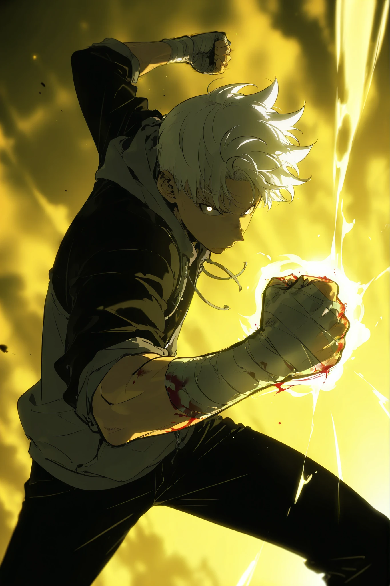 Handsome, Athletic, alone, male, Short spicky hair, long white hair, black orange eye, black shirt, white orange and black unzipped hoodie with rolled up sleeves, black pants, , intricate sketch, expressive eyes nose and mouth, simple pose, clench fist, blood on his fists , perfect Anatomy , ripped, Wraps bandages on his fist , hand perspective , dutch angle, wraps bandage on his fist