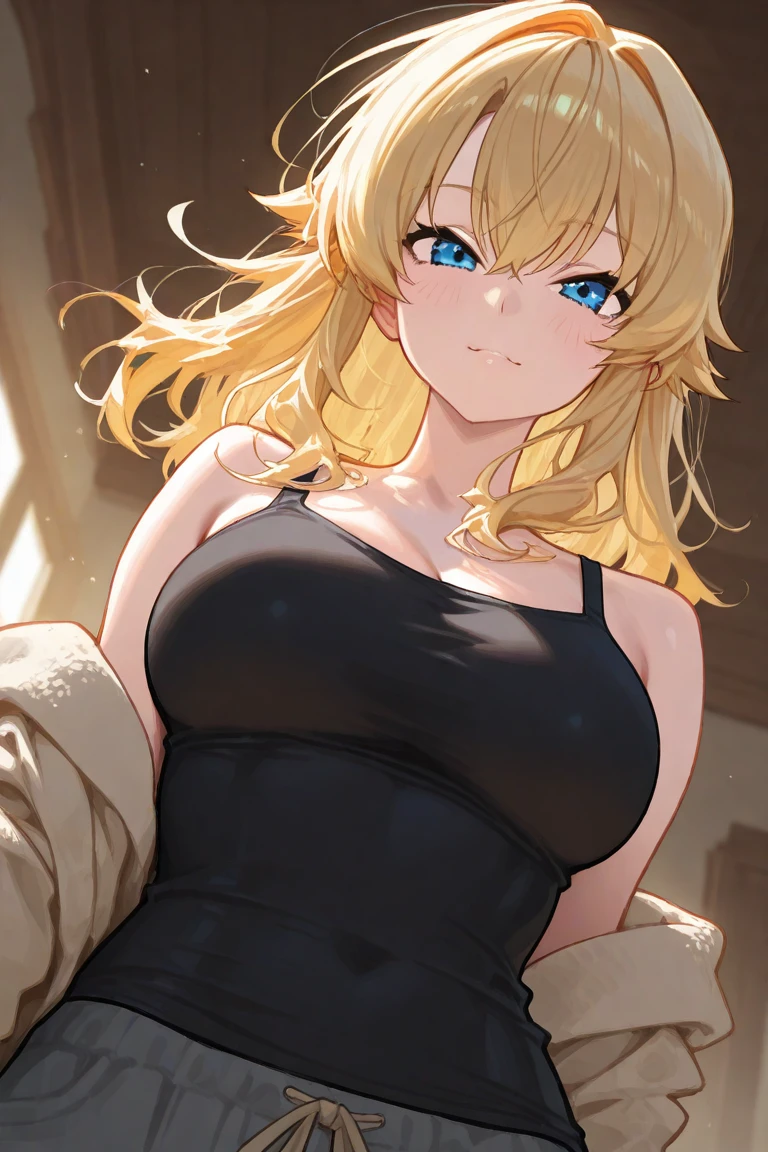 Tabletop, highest quality,figure, wallpaper, Super detailed, Absurd beauty、1 beautiful girl、(Blonde、long、Wavy Hair、Ample breasts、Very large breasts、View your viewers、Looking up)、the distance is close、Black tank top、clavicle、blush、Shyness
