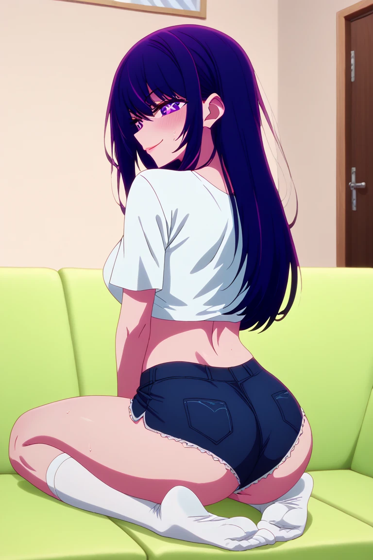 score_9_up, score_8_up, score_7_up, source_anime, <lora:Akira_Tachibana_-_After_rain_PDXL:1>, akira tachibana, long hair, black hair, purple eyes,  wide lips, medium breasts, pajamas top, pajamas pants, white high thong, pants down, clothes pull, hands on pants, ass focus, from behind, solo, indoors,  best quality, high quality
