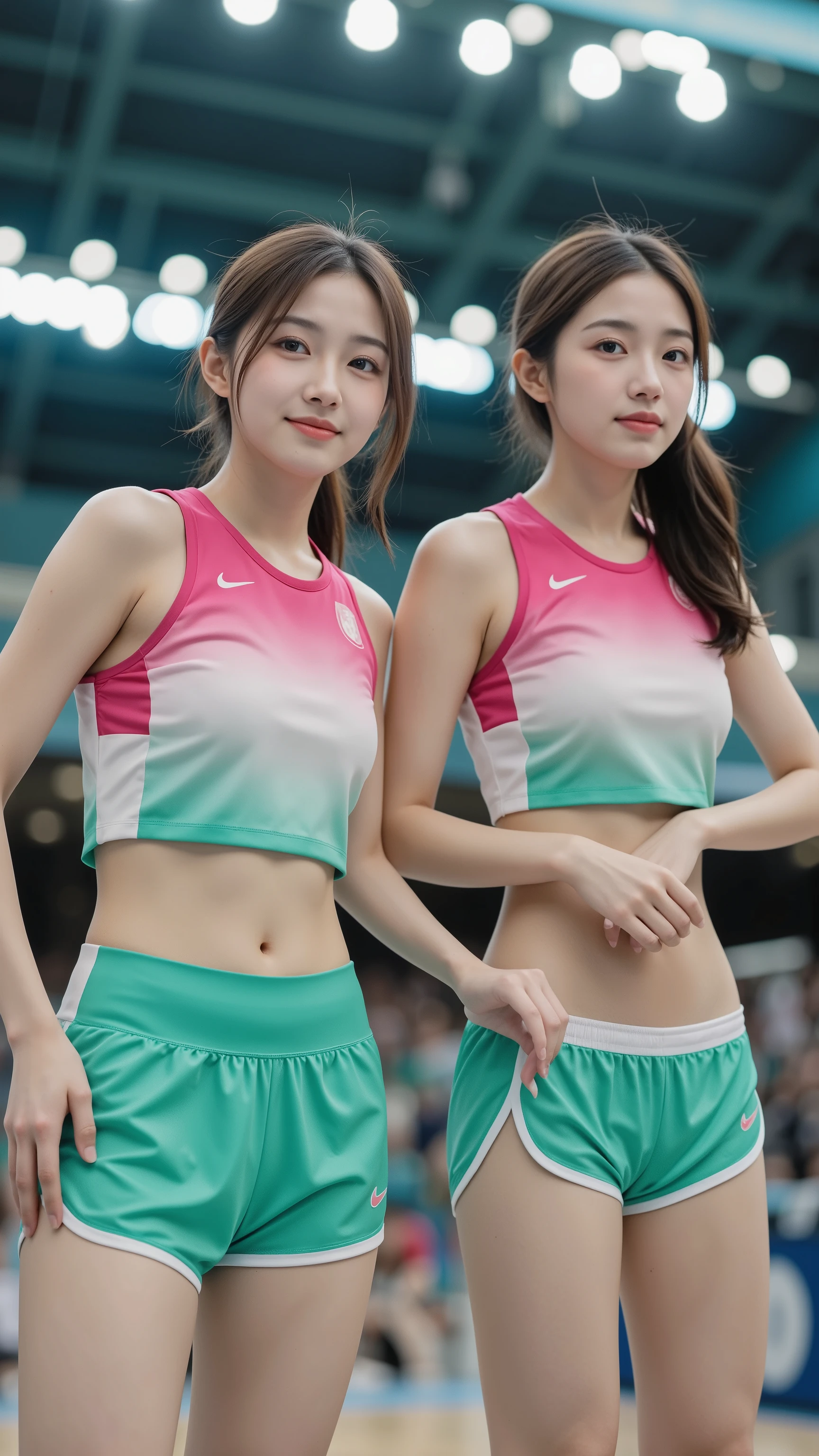 (Highest Quality, Highest Quality, 超A high resolution), (Raw photo, Realism: 1.4), (flat chest), Ultra-fine and beautiful skin, Super fine and beautiful face, Cute, AKB Girls、Girl in her 20s、tiny chest、flawless skin、thighs thighs thighs thighs、Medium Hair、A perfect、Dark hair、Brown-eyed、The sheen、Luminous、tennis coat、Tennis Wear、Sports Bra、Strong sunlight、A smile、