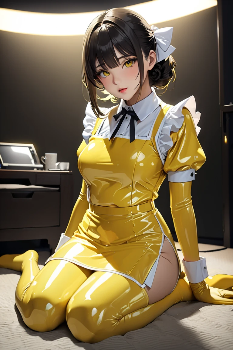 (masterpiece,highest quality,超A high resolution),Japanese women, (((Very beautiful 25 year old girl))),(Yellow latex maid outfit)、Yellow latex long skirt、(Yellow latex long sleeve shirt)、Yellow latex long gloves、Yellow latex socks、The clothes fit snugly to the body、Latex is very shiny、Dark Room