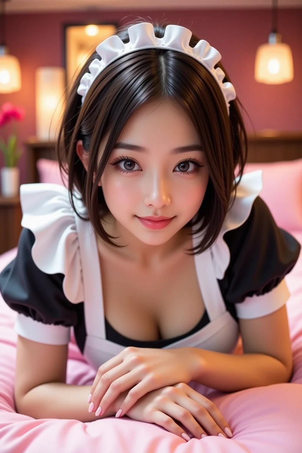 There is a woman dressed in pink and black posing for a photo, gorgeous maid, cosplay of a catboy! maid! dress, Anime girl cosplay, anime cat girl in a maid costume, anime girl in a maid costume, very beautiful cute catgirl, Japanese goddess, cosplay foto, ahri, oppai, a sexy maid in a magical forest, maid