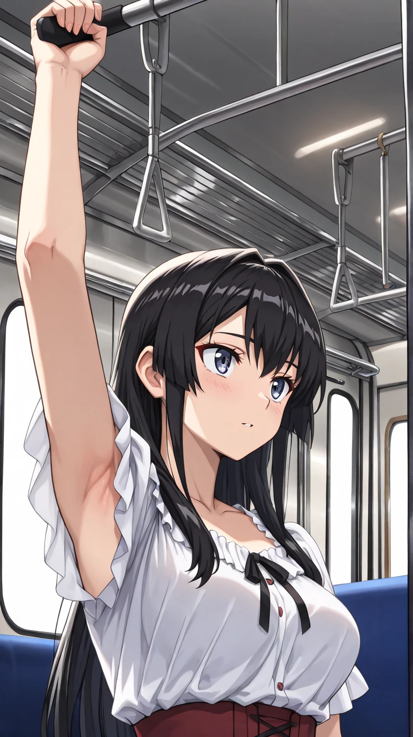 A girl is standing on a train, crying and in disgust. She is topless, wearing no underwear, wearing a checked skirt, her nipples are erect, she has short bob black hair, small breasts, and pale pubic hair. A molester stands facing her and forcibly puts his arm around her shoulders, lifts one of her legs, and inserts his penis into her vagina.
