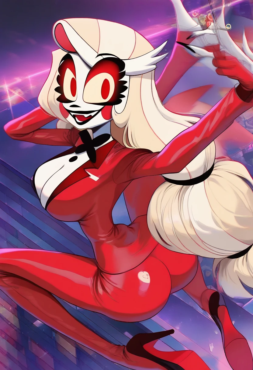 (best quality, masterpiece:1), furry, female, 1girl, anthro, angeldust, 4 arms, white cloths , thigh boots, gold tooth, huge chest tuft, choker, bowtie, , red gloves, grin, sharp teet hourglass figure, thick thighs, bubble butt, wide hips, *, pants, full, body, butler cloths, noble cloths,blending, reflection light, ray tracing, backlighting, bloom, blending, drop shadow, film grain, image fill, Fujicolor, halftone, motion lines, optical illusion, anaglyph, stereogram, speed lines, vignetting, scanlines, UHD, retina, masterpiece, ccurate, anatomically correct, textured skin, super detail, high details, high quality, award winning, best quality, highres, boots,refsheet, standing, full body, flipflops, pants