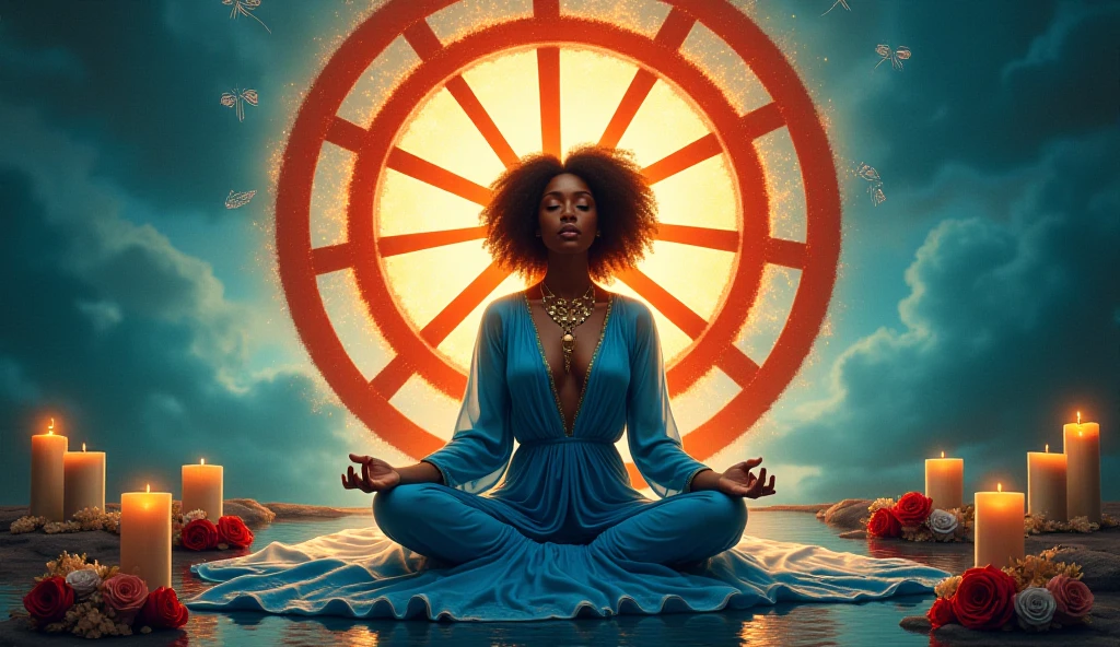 a pregirl,Meditate cross-legged, at centre,Very bright colors, Light particles, with light glowing, Mshiv, wallpaper art, UHD wallpaper