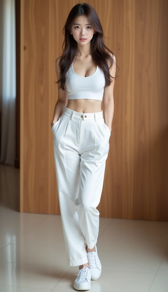 1 Female actress, Solo, (16 K, masutepiece, Raw photo, Best Quality,Realistic, Photorealsitic, Detailed skin:1.2),Extremely beautiful face, Seductive smile, Looking at Viewer, (Photorealsitic:1.4)、octane renderings、Complex 3D rendering ultra detail, Studio Soft Light, Rim Lights, vibrant detail, super detailing, realistic skin textures, Detail Face, Beautiful detail eyes, Very detailed CG Unity 16k wallpaper, make - up,BREAK (Full body portrait:1.5)、（White slacks:1.5）