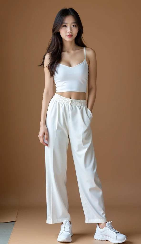 Slim, teen girl, NSFW, tight white cropped tanktop, loose black baggy pants, pants are falling off
