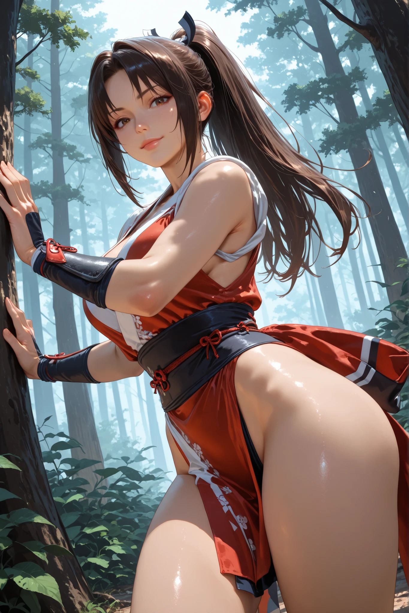 samurai woman, hold swords in her hands, swing swords, long black hair, athletic body, naked, topless, ancient japan village background