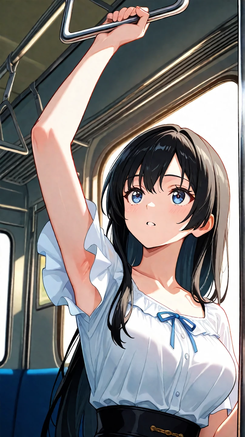 On the plane、Cabin Attendant Woman、beautiful countenance、shadings、sunlight from windows、She bends down and makes a gesture of putting her hair over her ears.、a smile