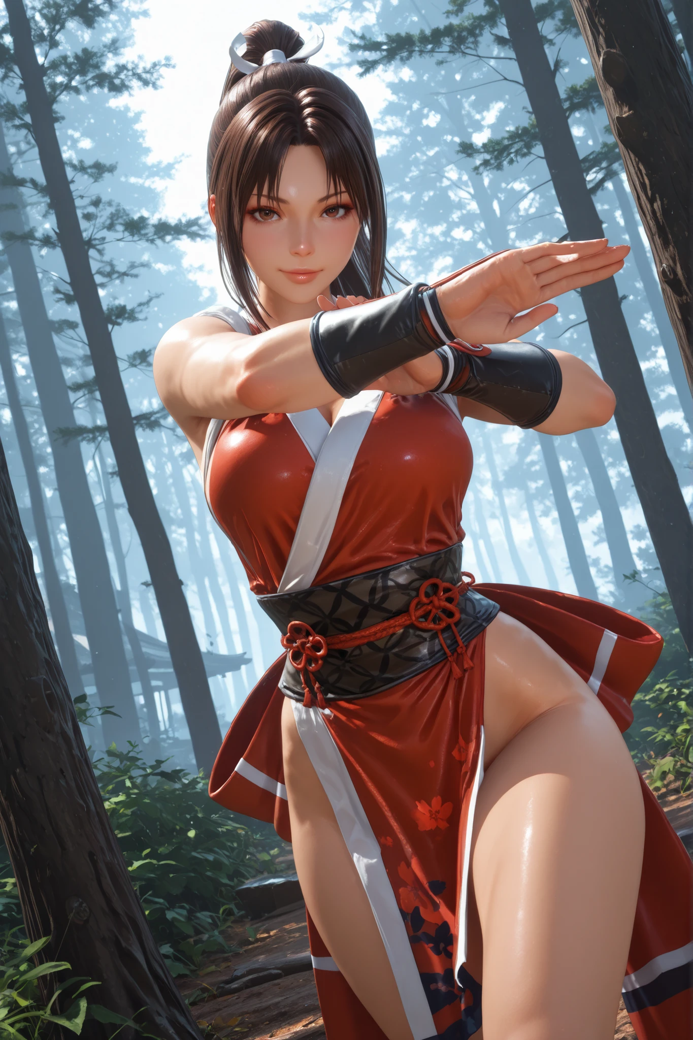 A perfect full body picture of Mai Shiranui with large breasts and deep cleavage, in a river and waterfall, in a heavy rain