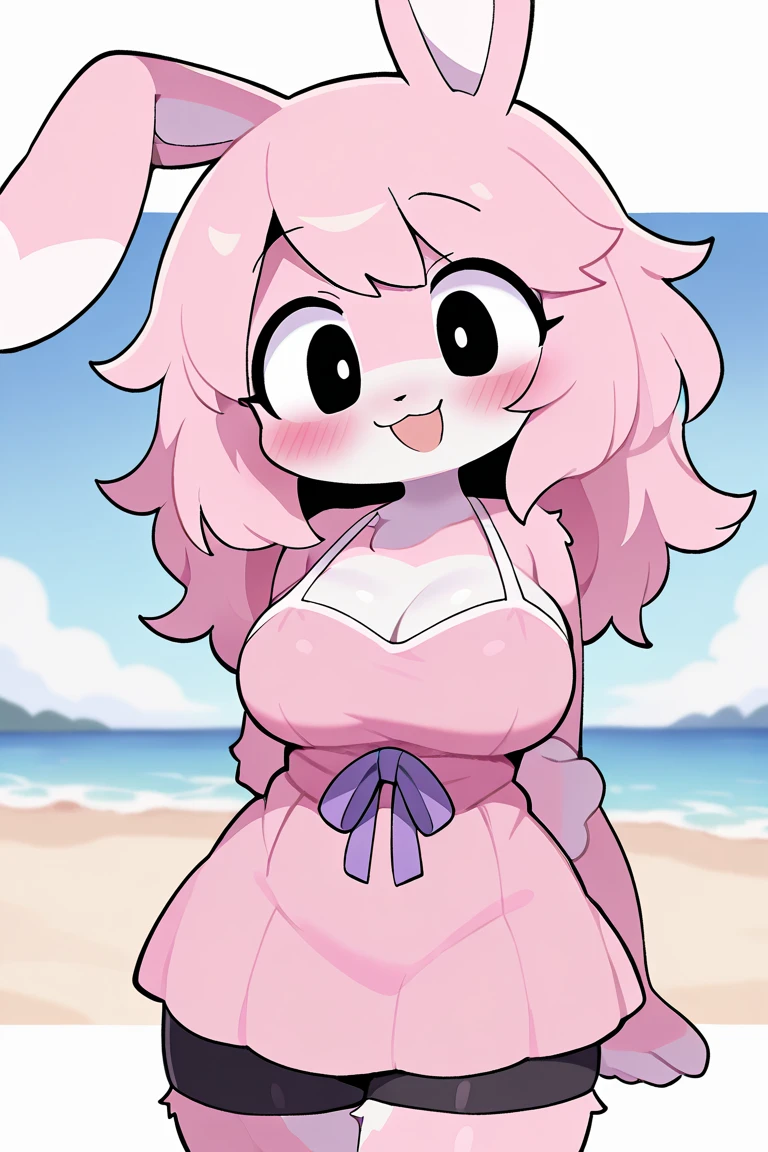 (masterpiece, best quality, highres, ultra detailed:1.2), (solo, 1girl, furry female, cowboy shot), reese_(ac), pink fur,blush stickers, (beach, flower field:1.1),big boobs,nsfw,naked,vagina,sweat,bikini,beach,by bzeh,
