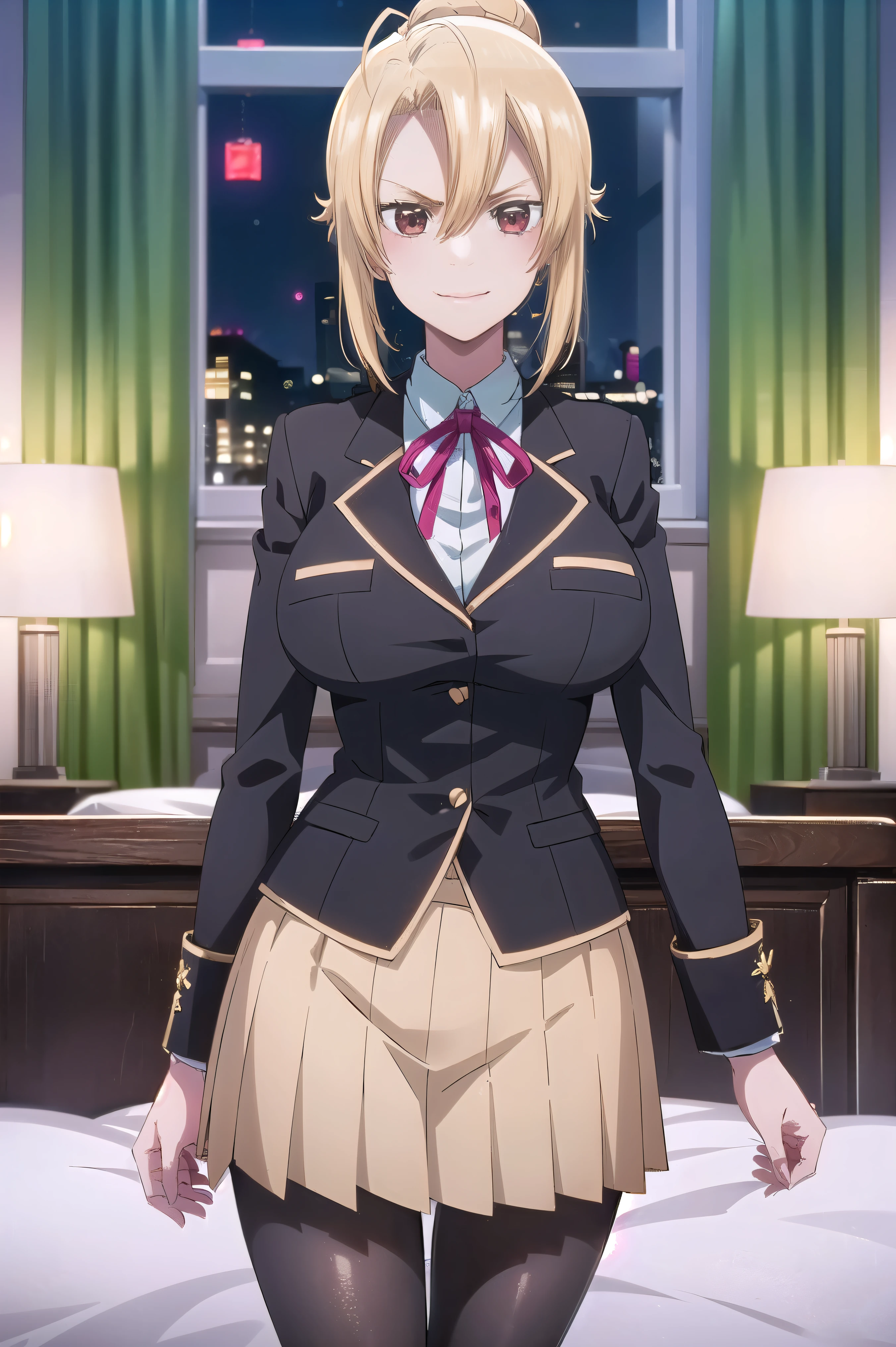 ((1 girl)), ((One)), Angelica rafa holfort, ((extremely detailed CG обои Unity 4k)), (masterpiece), (Ultra quality), (ultra-detailed), (best illustration), ( is the best shadow), (extremely detailed), looks at the viewer, (is absurd), (detailed background), CURVY FIGURE, dynamic pose, big breasts, Middle waist, wide hips, middle thighs are close, Round big booty,( (medium length hair, blond hair, side braids , red eyes flowed, straight skirt, short skirt, tape, , sexy white shirt, long-sleeved, pantyhose, short pleated skirt, black pantyhose, seductive, bed, room, evening, warm lighting, perfect anatomy, perfect arms, there is an angry sexy smile on the face, sexy bedside position, high quality.