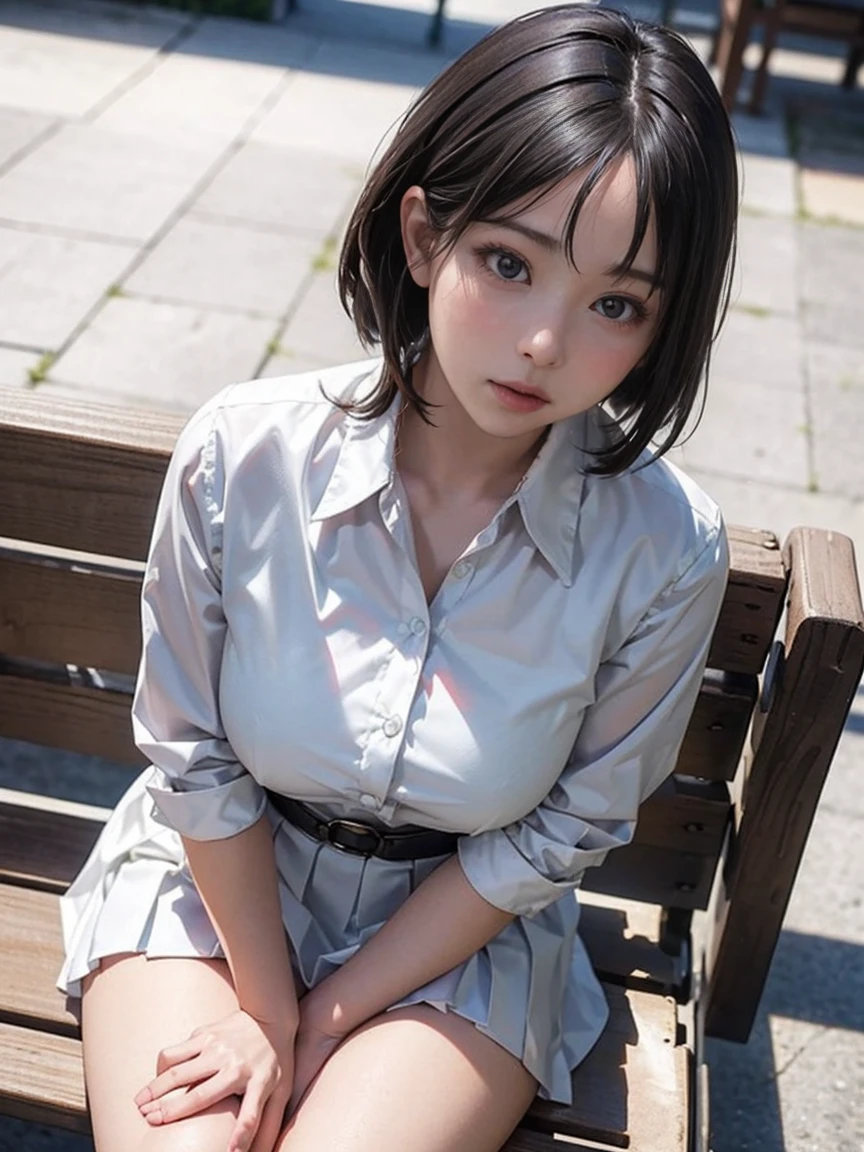 (8K, top quality, masterpiece: 1.2), (realistic, photorealistic: 1.2), sitting, (panty shot)))), (spreads your legs)))), solo, beautiful definition sky, night, wet, watching the viewer, (sit: 1.5), dating, future, (nose brush), smile, big breasts, fine beautiful eyes,), (dark blonde: 1), (short hair :1.1), Panty shot, Spread legs, Skirt, School uniform, White panties, Socks, Black hair, Shirt, Blurred, Blurred background, Knee-high, White shirt, Loafers, Realistic, Long hair, Lips, Brown eyes, Black socks, Tie, Pleated skirt, Bow, Headrest, Sideways, Outdoors, Brown footwear, Masterpiece, Best quality, Ultra detailed, ((((Panty Shot))), (((Spread your legs))),