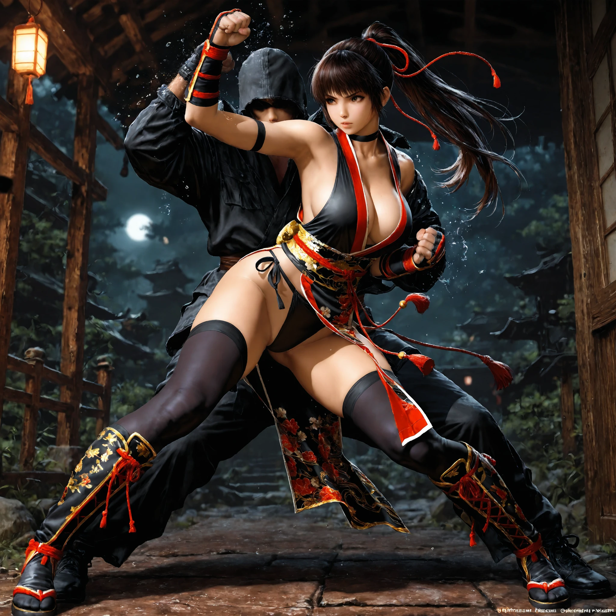 Two very sexy Warrior anime girls in sexy Filipino outfits clash attack sticks in a battlefield at night with each other