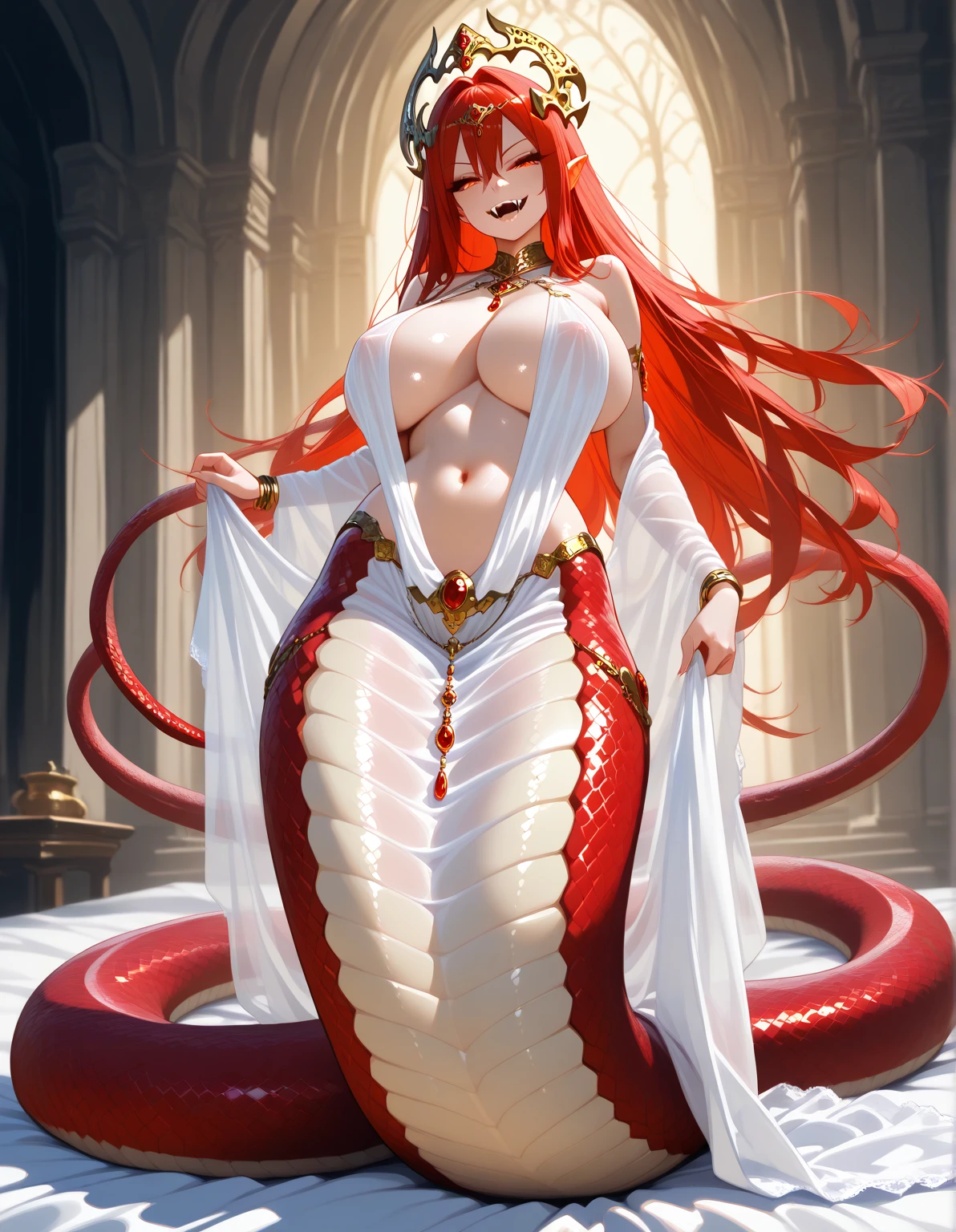 (mature female), (milf) , (lamia), (monster girl) , detailed snake skin, detailed scales skin), (Elongated snake tail:1.3), red tail, red scales, long black hair, straight hair, side locks, yellow eyes, puffy lips, thick lips, ((red lips)) , (huge natural breasts), cleavage, narrow waist, hourglass, navel , bra, pelvic curtains, hoop earrings, necklace, bracelets, soft makeup, smile, parted lips, sexy pose, posing, ExtraArms, extra arms, full body, cowboy shot, dancing, dutch angle, action shot