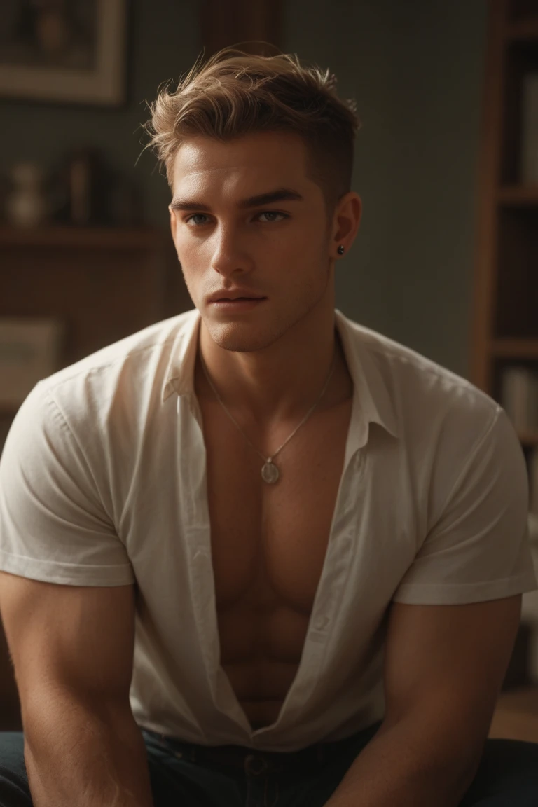 A BillMatheson man posing in the sofa, smirk, dominate, dark romantic atmosphere, wearing only pants
