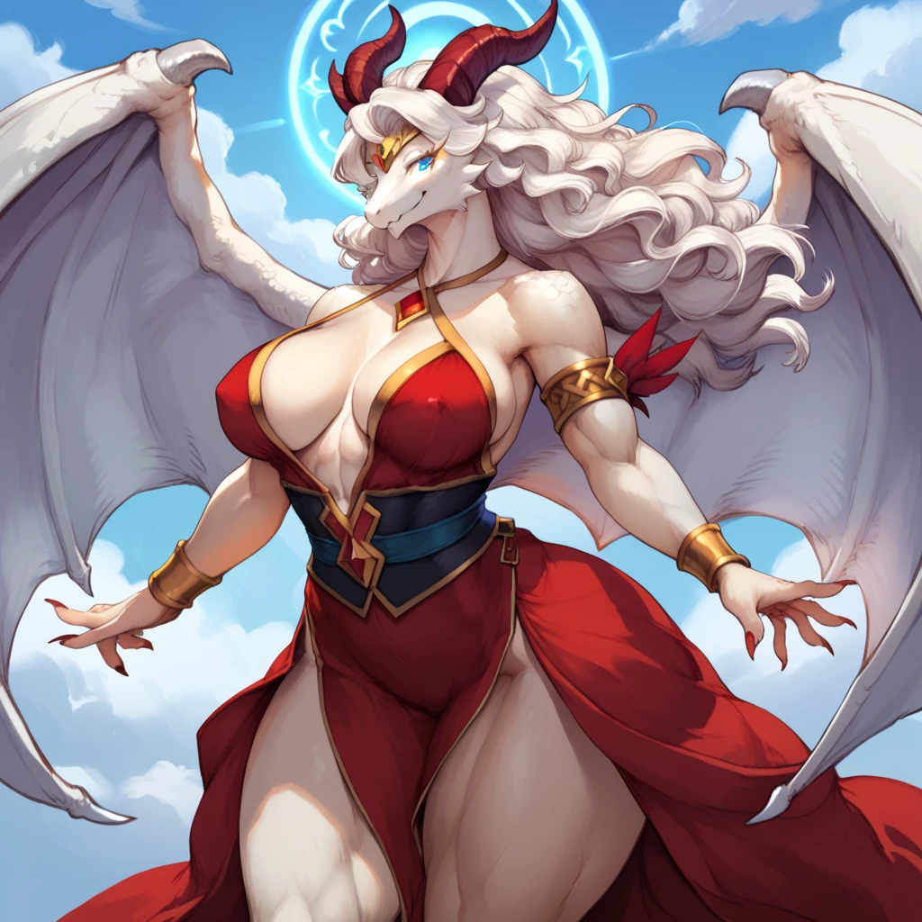 Oni girl with extreme muscular body, gigantic muscular arms, gigantic muscular tights, oni horns, red demon wings, red demon tail, cleopatra outfit, red skin, white hair and gigantic breasts.
