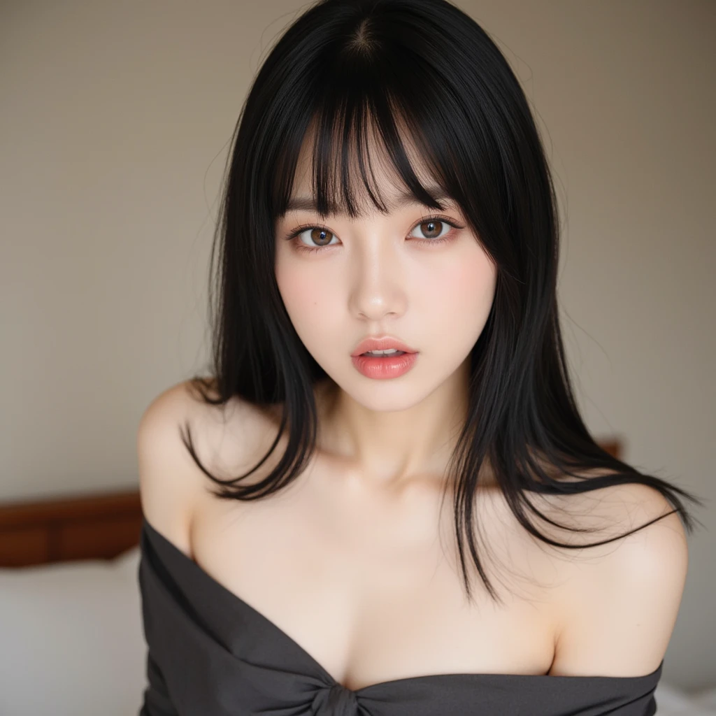 off shoulder, (twins womans) , deep cleavage, long hair, black hoodie style, wrapped in dirty rags , black shirt, purple haired , big boob, absurd, beautiful face , beautiful eyes, perfext body. Full body shoot , sitting , happy , squirt , indonesian , bedroom background