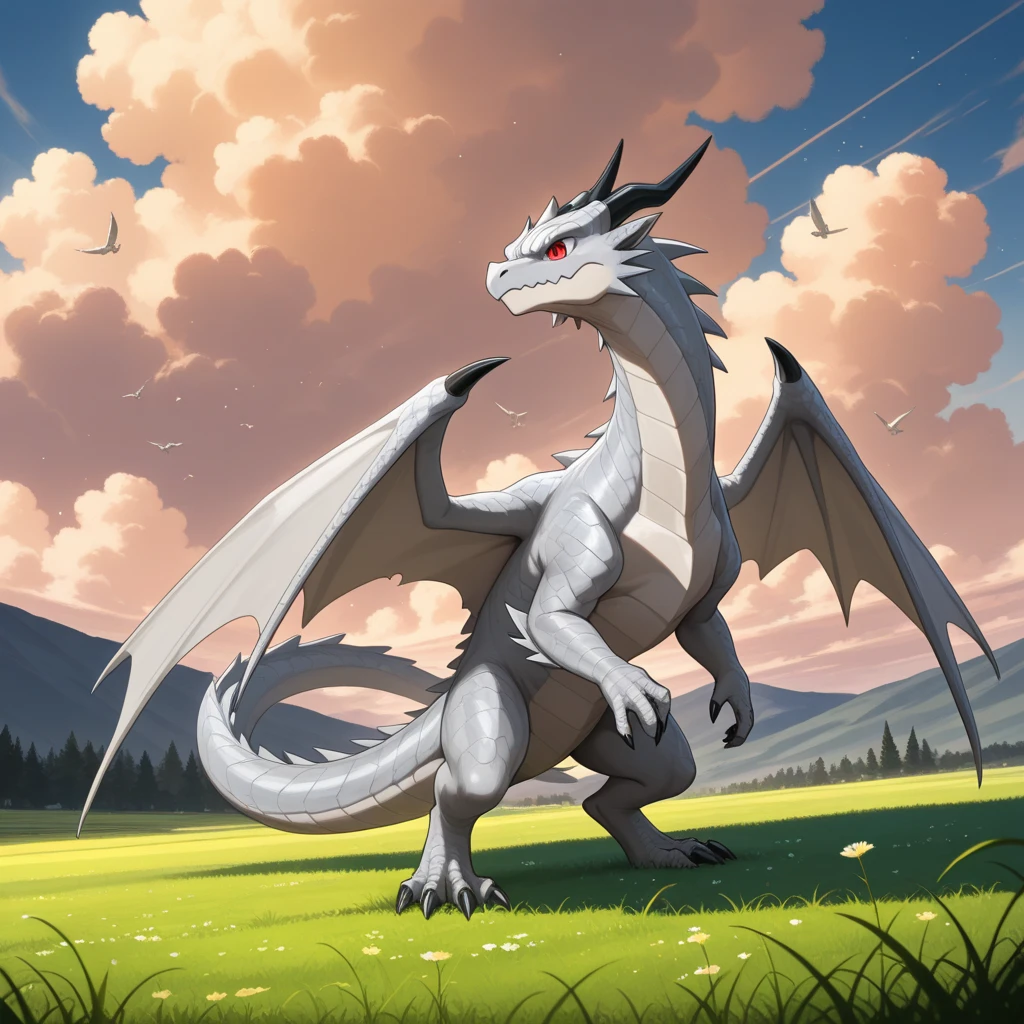 Dragon, feral, anatomicamente animal, male, solo, big white equine penis, by bebebebebe, best quality, white balls, grass, white body, paws, perspective, standing, four paws