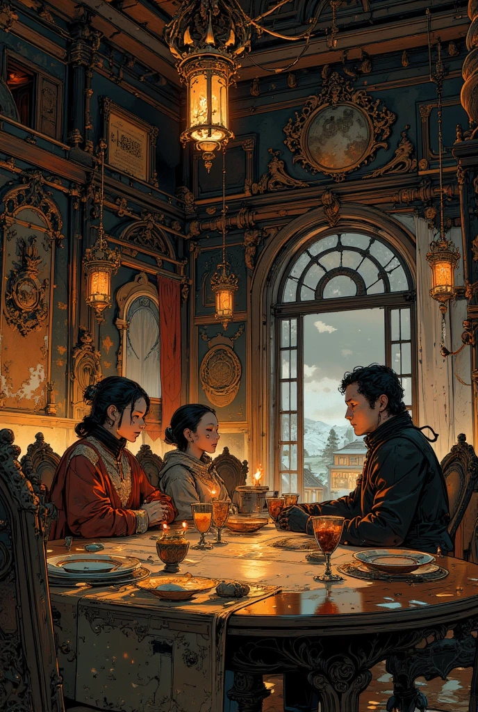 Close-up in a family, also pre-Industrial Revolution, dentro de sua modesta casa. They share a simple candlelit meal, with faces that express satisfaction, but also the harshness of life. The house is Spartan, sem nenhum dos confortos ou tecnologias que conhecemos hoje, symbolizing the lack of options and restrictions of the time