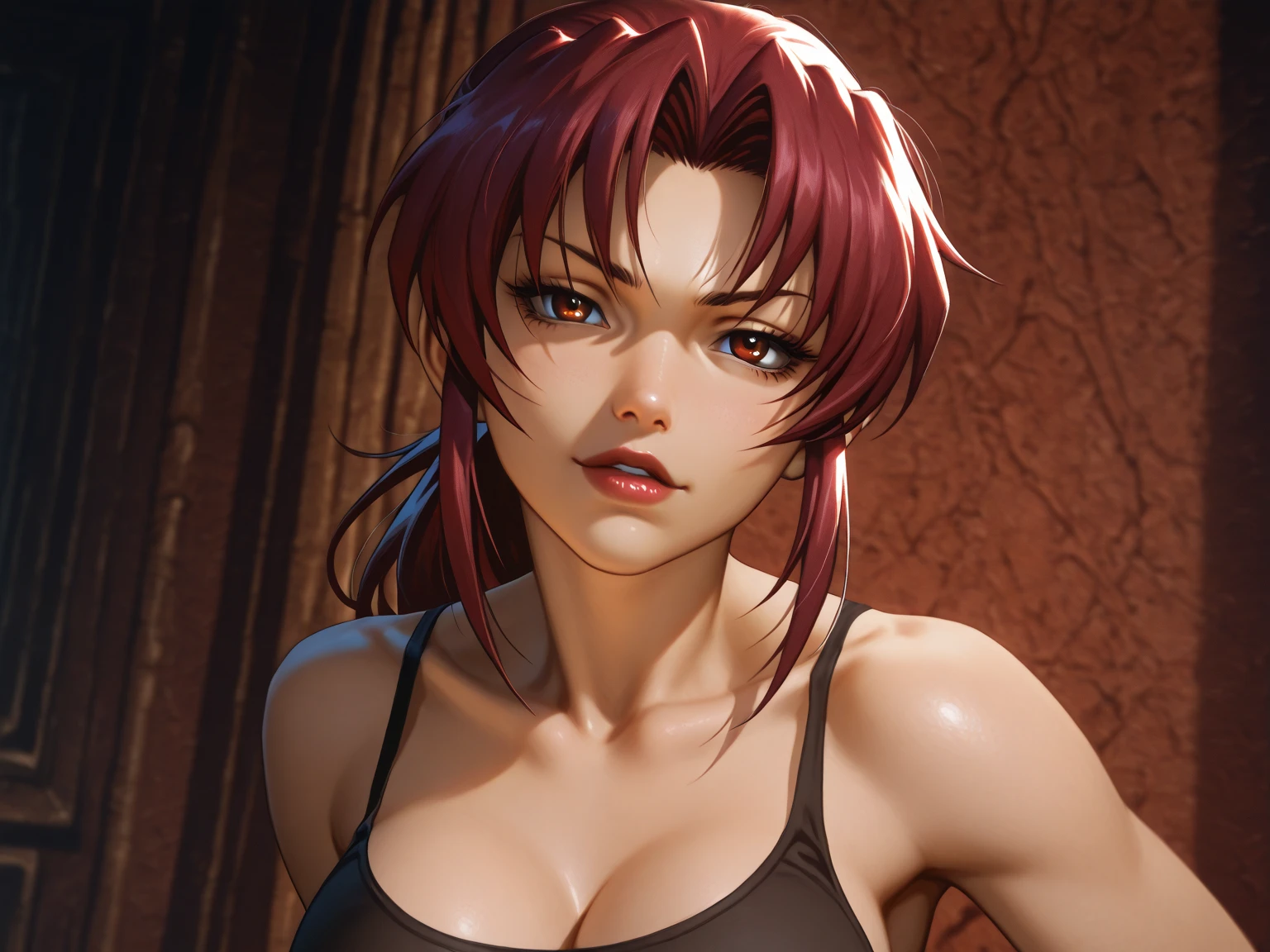 (masterpiece, best quality, detailed), 1girl, solo, looking at viewer, <lora:EPblRevy-07:0.8>, EPblRevy, long hair, ponytail, brown hair, brown eyes, tattoo, arm tattoo, shoulder tattoo, sidelocks,
<lora:Leather_Bandeau_Cargo_Pants_By_Stable_Yogi:1> leather bandeau, leather cargo pants, gloves, <lora:pnkr2:0.5>, pnkr, indoors, pink theme, purple theme, red theme, night, pink lighting, neon lights, cinematic lighting, sitting, crossed legs, smirk, smile, closed mouth, v-shaped eyebrows