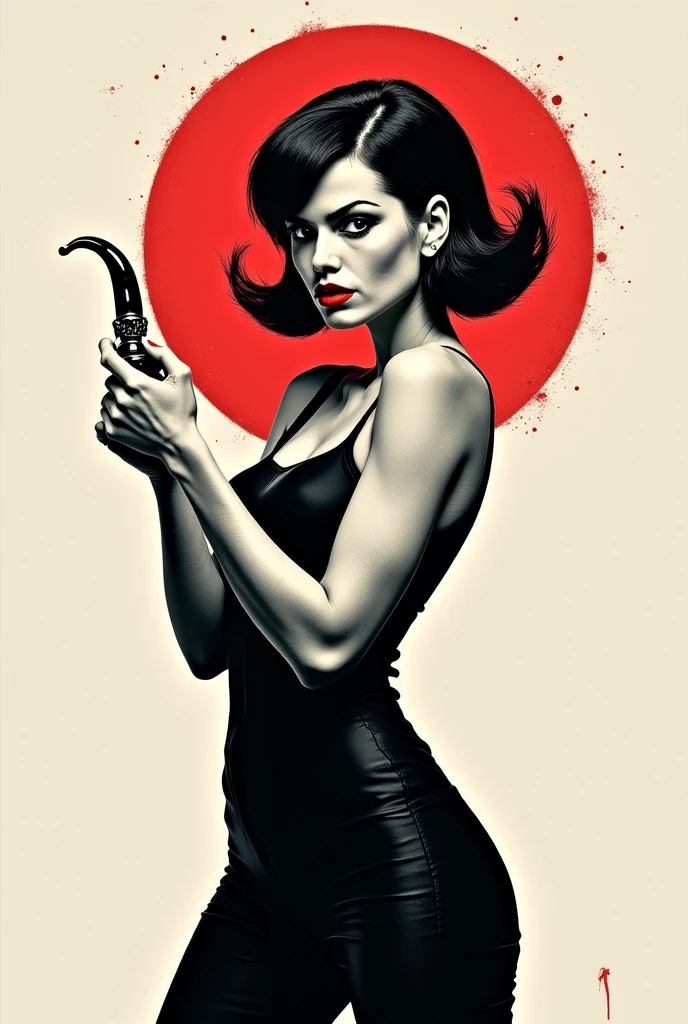 there is a woman holding a gun and smoking a cigarette, smoking and holding a gun, smoking gun, pulp femme fatale, in style of kar wai wong, pin up style poster, smoking woman, drawn in a neo - noir style, inspired by James Montgomery Flagg, pin-up poster girl, bond girl, by George Manson